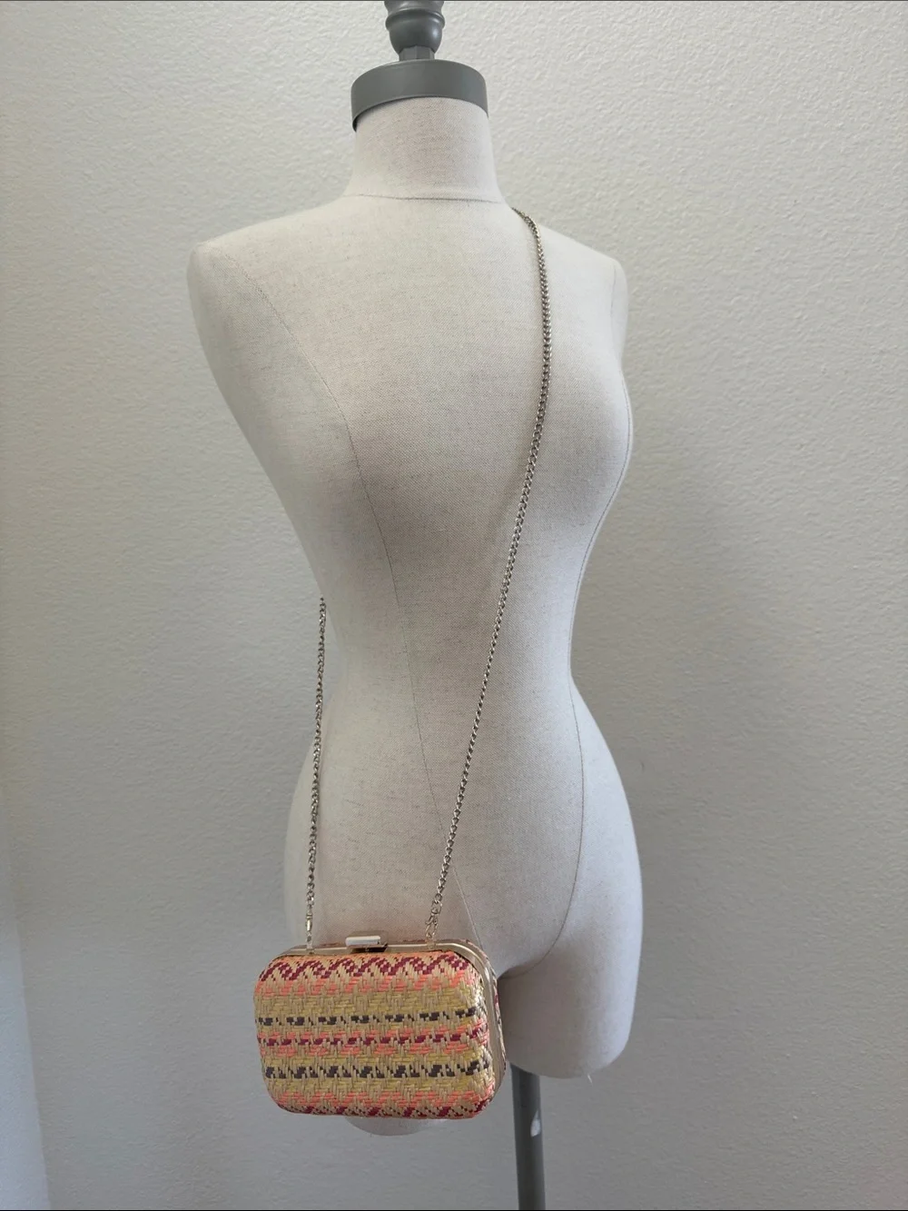 Woven Straw Crossbody Clutch in Natural and Coral